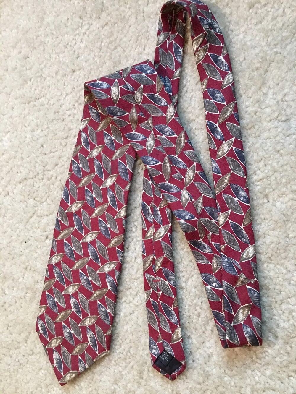 Villa Bugatti Mens 100% Silk Tie Red Blue Gray Geometric Leaves Designer Necktie